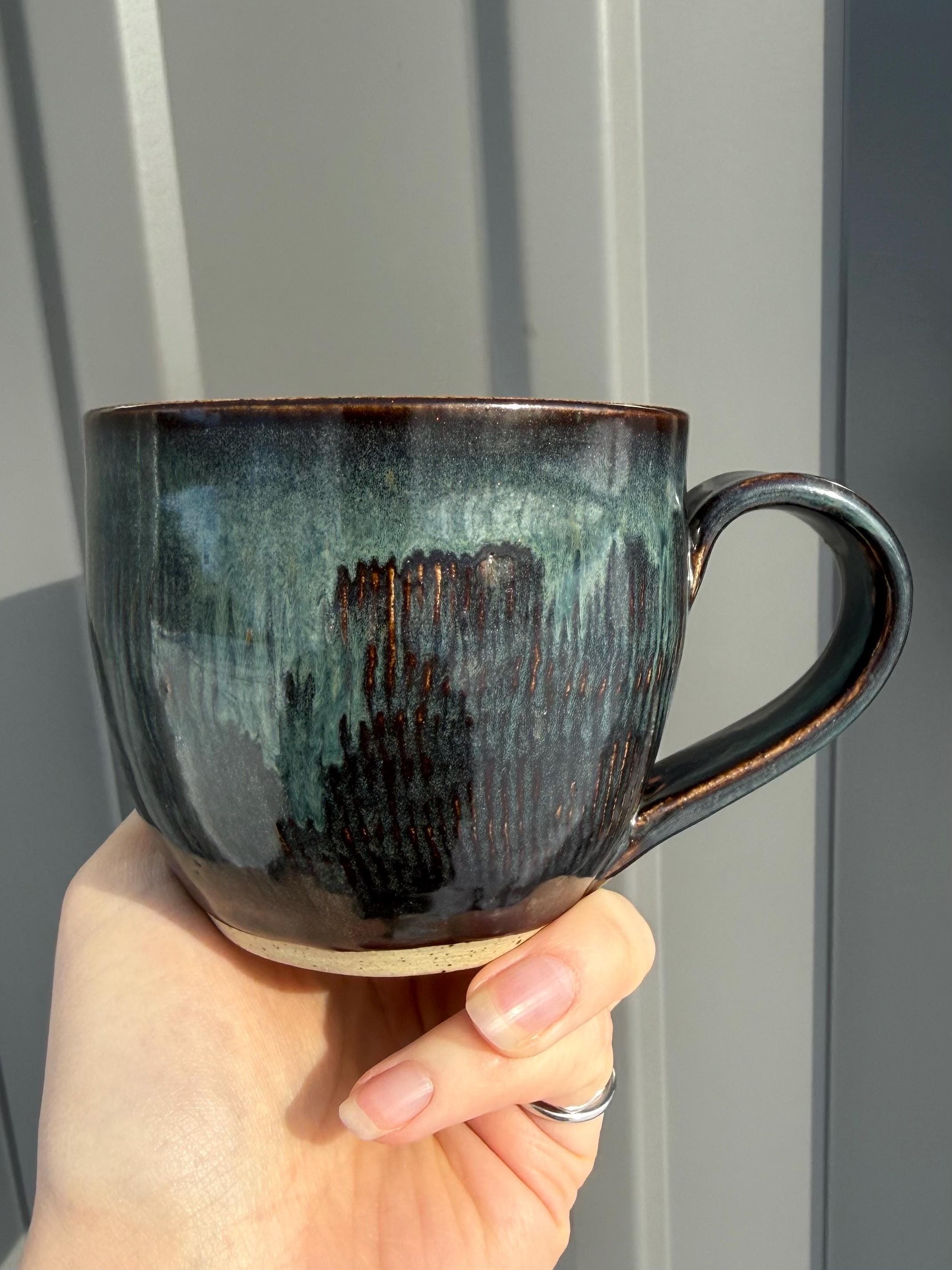 Blue Chattered Ceramic Teacup Mug Handmade