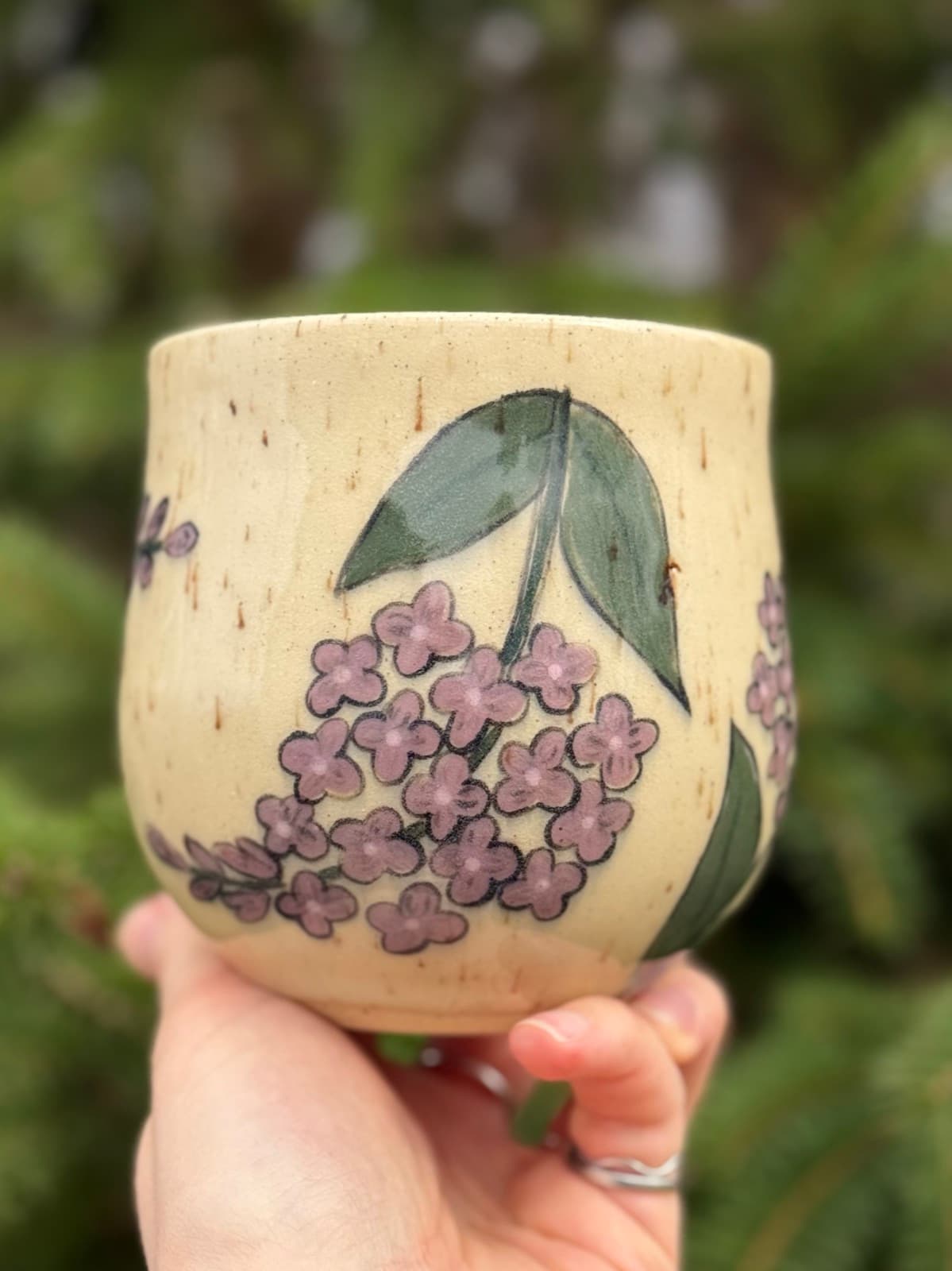 Hand Painted Lilac Ceramic Mug with purple lilac flowers on cream stoneware