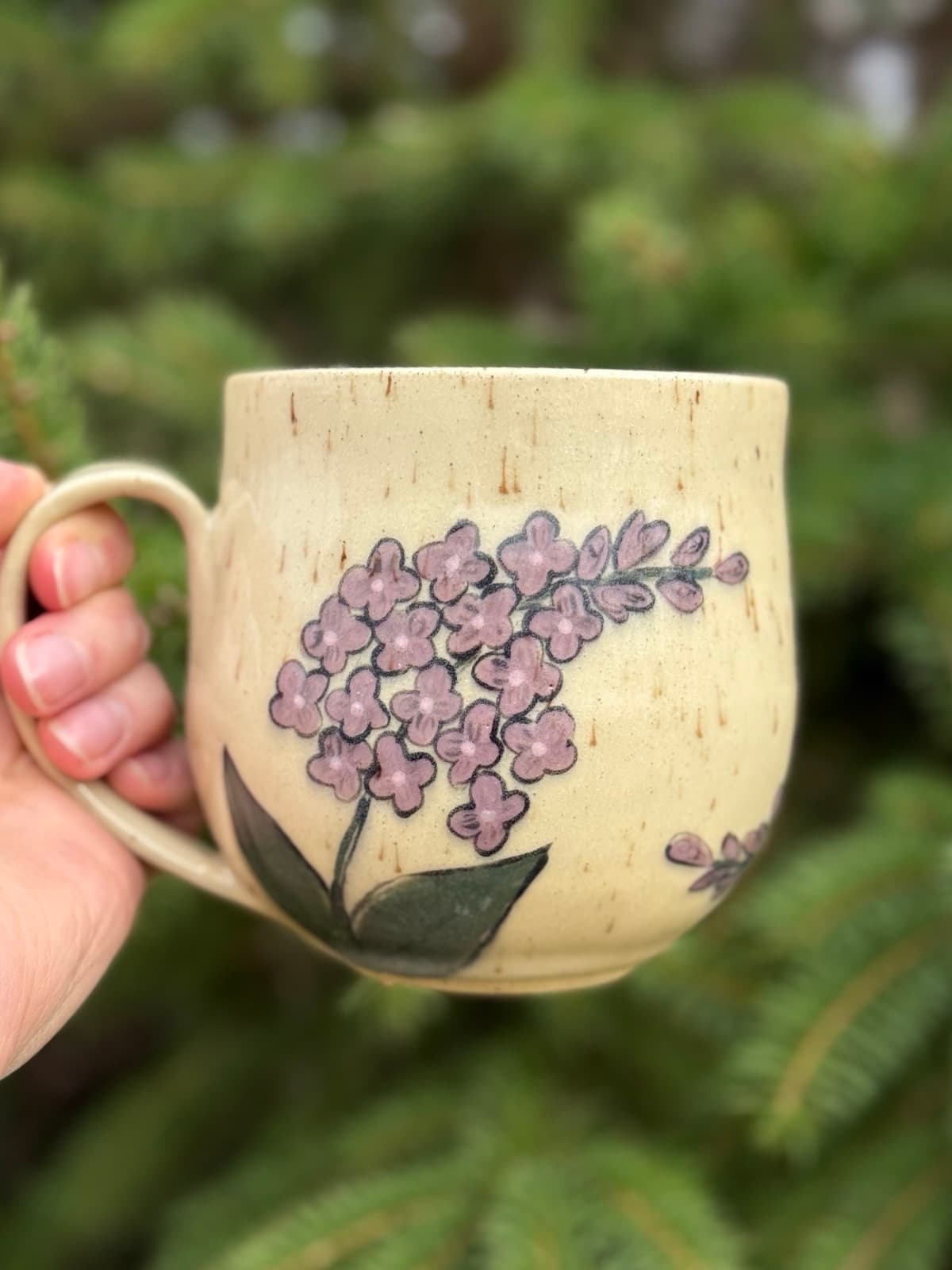 Hand Painted Lilac Ceramic Mug with purple lilac flowers on cream stoneware