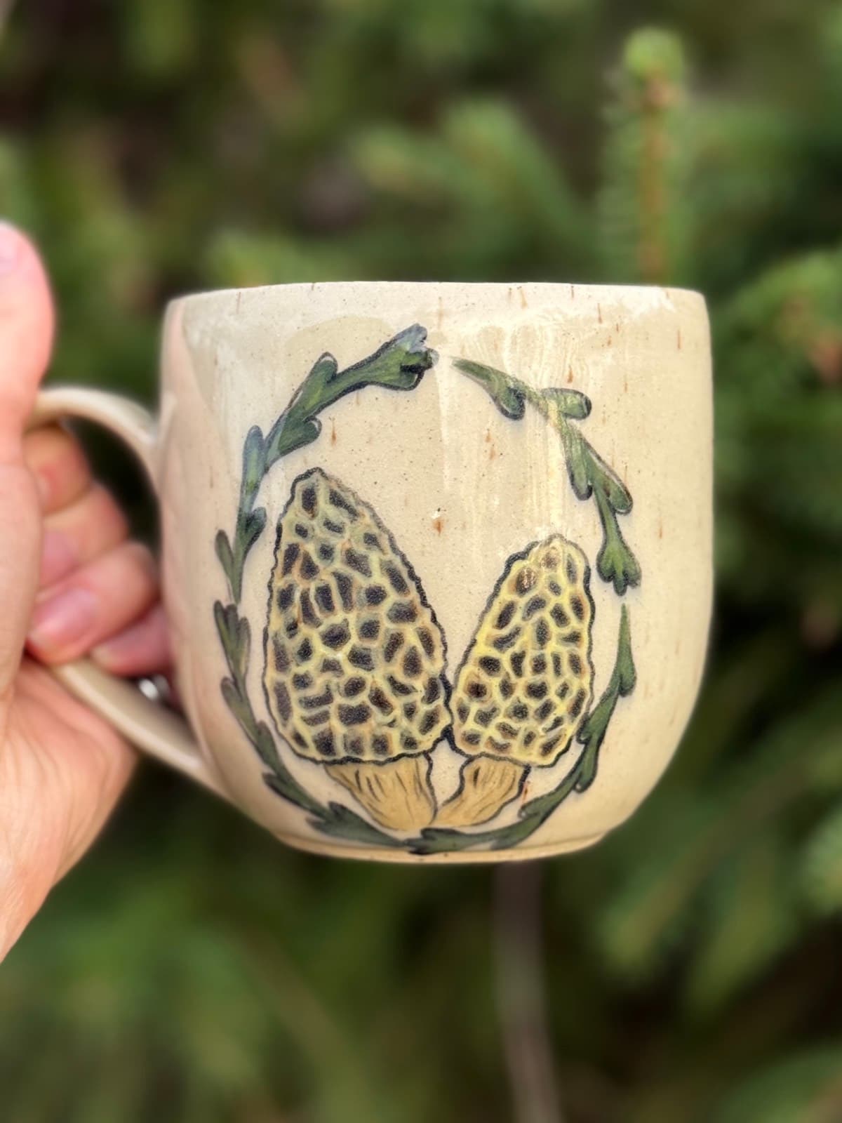 Hand-painted morel mushroom ceramic mug