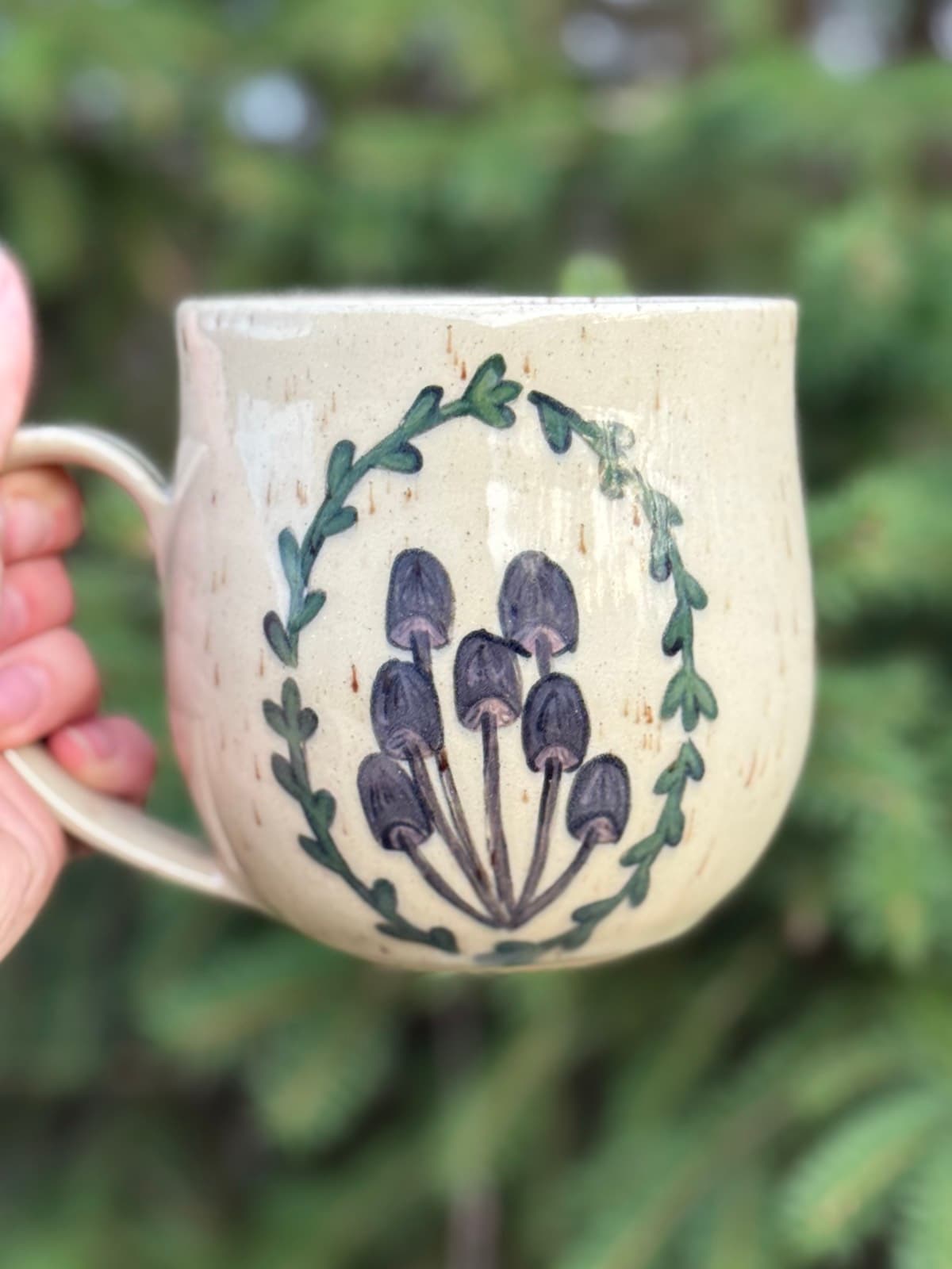 Hand-painted purple mushroom ceramic mug